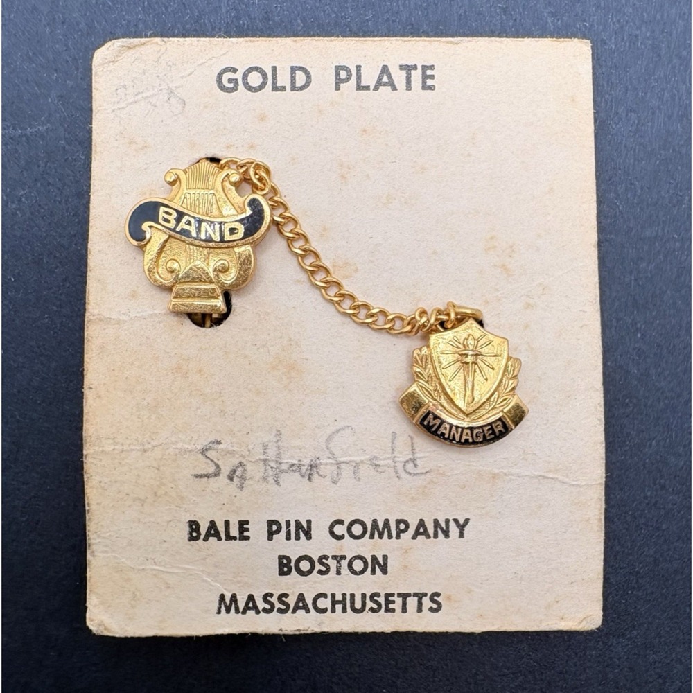 Vintage Band Manager Lapel Guard Pin Set Chain Bale Pin Co Gold Plate Enamel NOS